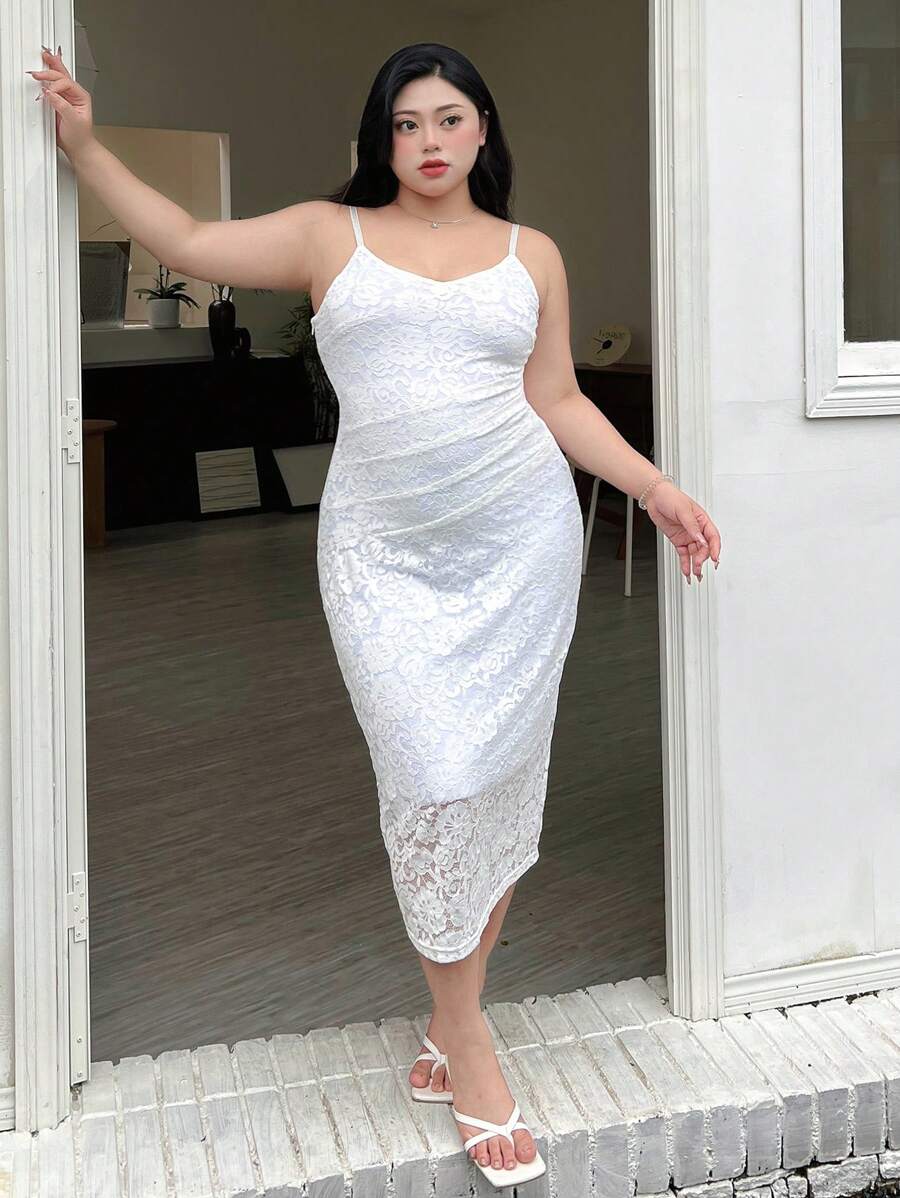 Dazy Petite Plus Plus Size Solid Lace Cami Dress For Summer Sundress,Dress For Wedding Prom Dress - White - View 1