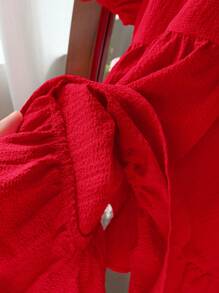 SHEIN LMoss Kids LMoss Baby Girl 可爱休闲女婴夏季泡泡袖宽松纯色纹理设计连衣裙 - 紅色 - 查看 7