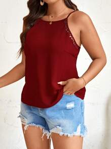 SHEIN Frenchy 大码女式纯色露背系带休闲背心，夏季 - 酒紅色 - 查看 5