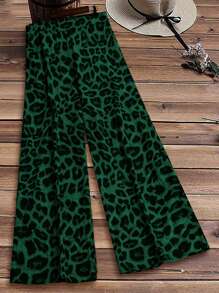 EMERY ROSE Plus Size Loose Leopard Print Vintage Wide Leg Casual Pants Fall Cloth For Women