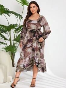 Modelyn Plus Marble Print Belted Long Sleeve Dress - Multicolor - View 3