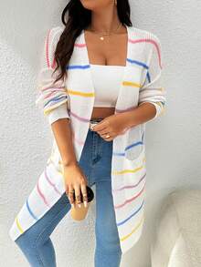 SHEIN Essnce Plus Size Loose Long Sleeve Striped Cardigan In Multiple Colors - Multicolor - View 4