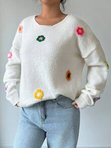 Chiquease Women's Loose Fit Drop Shoulder Sweater With 3D Flower Decoration For Spring And Autumn Knit Pullover Fall Winter Outfit - White - View 6