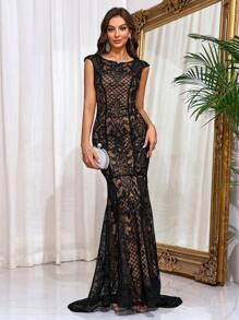 蕾丝腰身修身晚礼服，黑色优雅正式舞会礼服，适合婚礼宾客、毕业典礼、晚宴、度假等场合 - 黑色 - 查看 3