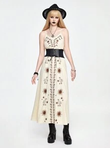 ROMWE Gothic Đậm Vintage Mùa Hè Thêu Ngôi Sao & Mặt Trăng Đầm Chữ A Cami Nữ - Màu be - Xem 3