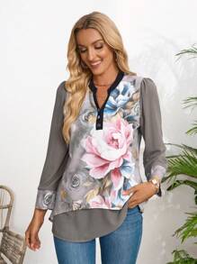 EMERY ROSE Autumn Leisure Grey Long Sleeve Shirt With Flower Print & Patched Design, Notched Neck - Black - View 3