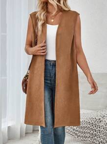 SHEIN LUNE Ladies' Casual Solid Color Sleeveless Cardigan Vest - Brown - View 7