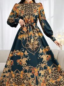Modelyn Leopard & Baroque Print Lantern Sleeve Belted Dress For Spring & Summer