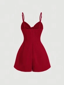 SHEIN MOD Bộ đồ liền thân đơn giản hàng ngày màu trơn dành cho nữ - Đỏ - Xem 2