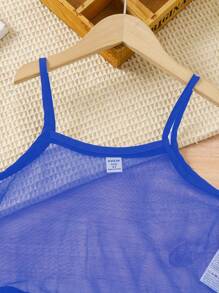 SHEIN Young Girl Warm Vacation Letter Print Short Sleeve Dress And Mesh Ruffle Trim Decorated Spaghetti Strap Dress