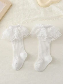 1pair Baby Girls' White Lace High Tube Socks