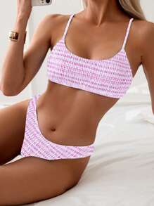 Swim Mod 女士性感条纹吊带比基尼套装适合海滩度假，印花图案随机夏季 - 淡紫色 - 查看 3