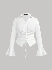 SHEIN MOD Plus Size Solid Ruched Front Flare Sleeve Slim Fit White Shirt - White - View 2