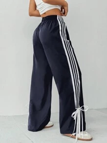 SHEIN PETITE Ladies' Contrast Striped Side Seam Simple Style Casual Wide Leg Pants ,Petite Women - Blue - View 2