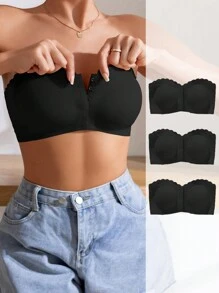 3pcs Women's Front Closure Strapless Bra With Removable Pads - Black - View 1