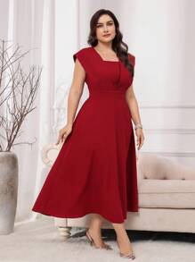 Modelyn Vestido de fiesta elegante de manga corta con cuello cuadrado en talla grande color rojo burdeos, vestidos de noche largos - Burdeos - Ver 5