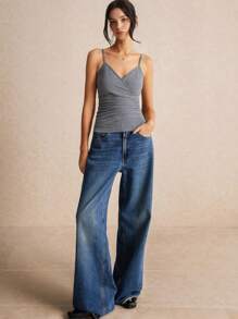 SHEIN Frenchy 女士灰色罗纹褶饰吊带背心，轻松时尚，布里奇顿，休闲打底基本款 - 灰色 - 查看 3