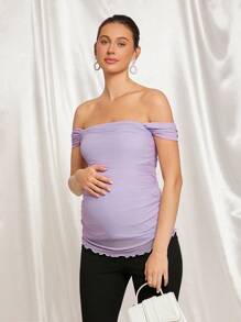 MaterniChic Maternity Off-Shoulder Fitted T-Shirt For Baby Shower Party, Summer - Purple - View 9