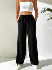 Flirla Drawstring Waist Slant Pocket Pants Fall Cloth For Women - Black - View 3