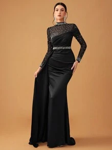 YISIKADO Elegant And Sexy Women's Evening Dress With Mesh, Pearl And Satin, Stand Collar & Long Sleeve Black Formal Wedding Guest Gown, For Graduation, Dinner Party Dress - Black - View 8