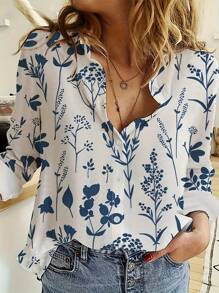 Blusa para mujer de manga larga, estilo holgado y cómodo, con cuello y estampado floral, de nuevo estilo europeo y americano para primavera y otoño - Blanco - Ver 1