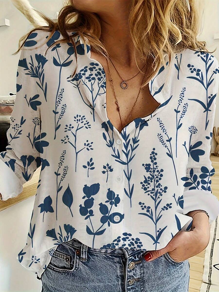 Blusa para mujer de manga larga, estilo holgado y cómodo, con cuello y estampado floral, de nuevo estilo europeo y americano para primavera y otoño - Blanco - Ver 1