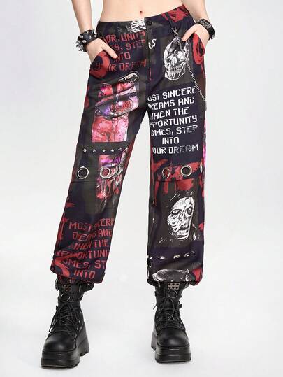 Grunge Punk Pantalon longue dames à motif complet fleuri avec crâne, lettres, yeux fantômes pour festival de musique punk rock