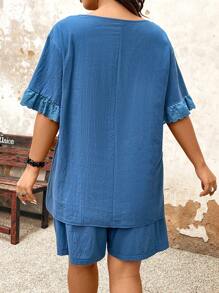 Plus Frill Asymmetrical Hem Top & Shorts For Summer - Blue - View 2