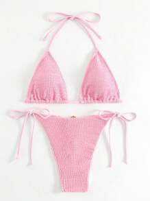 SHEIN Swim Summer Beach Halter Triangle Tie Side Bikini Set - Pink - View 4