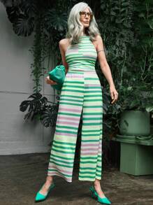 SHEIN LUNE 秋季女款紫绿条纹华夫格罗纹休闲度假宽直腿长裤 - 彩色 - 查看 4