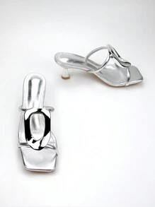 Spring/Summer Women's Elegant & Fashionable Silver Metallic Buckle Decorated High Heel Mules, Featuring Comfortable & Stylish Metal Textured Fabric & Pointy Toe Design For Daily & Party Wear - Silver - View 4