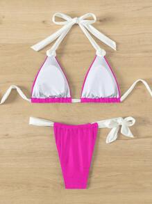 SHEIN Swim Bộ bikini dây đeo màu sắc tương phản đi biển mùa hè dành cho nữ - Màu Hồng Tươi - Xem 2