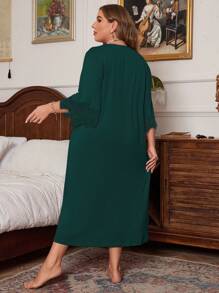 SHEIN 大码柔软牛奶丝长款睡裙，绿色蕾丝下摆，舒适保暖，秋冬必备 - 綠色 - 查看 2