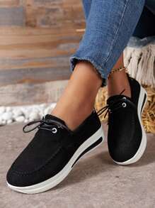 Zapatos mocasines anchos de mujer de gamuza, zapatos de plataforma ancha, mocasines tipo penny, zapatos slip-on para trabajo, zapatos casuales cómodos para caminar, tenis para mujer - Negro - Ver 2