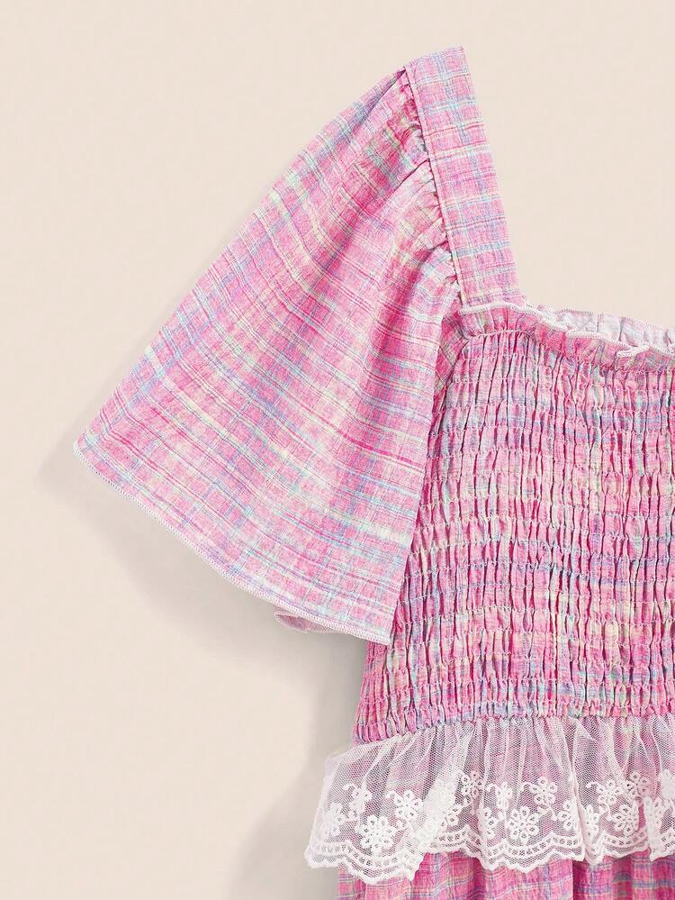 Tween Girl Bubble Plaid Print Square Neck Loose Fit Princess Dress With Shoulder Straps, Vacation Dress