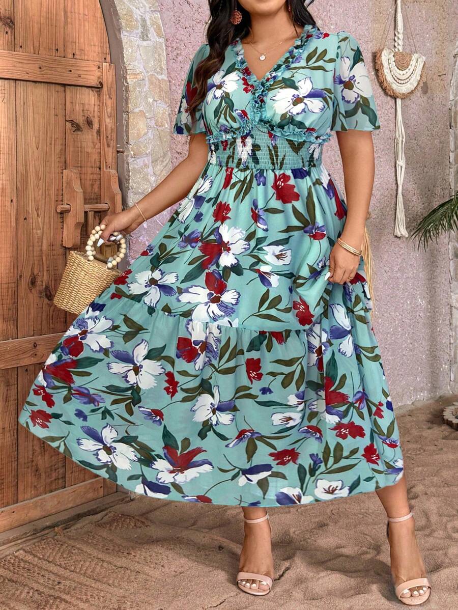 Breezaya Plus Floral Print V Neck Puff Sleeve Dress - Green - View 1