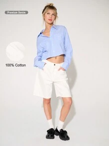 WESTFADE Premium Non-Stretch Bermuda 100% Cotton Denim Shorts - White - View 3