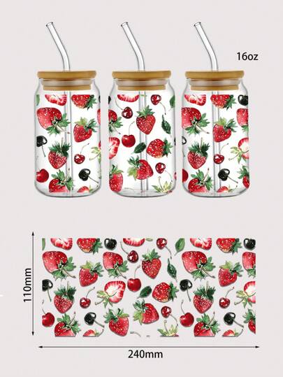 Kawaii 1pc UV Thermal Transfer Printed Strawberry & Cherry Pattern Crystal Sticker For Cups