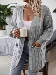 Plus Size Vintage Casual Twisted Texture Open Cardigan Sweater, For Winter Fall Cloth For Women - Grey - View 6