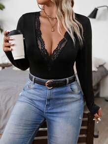 Calvaya Plus Contrast Lace Deep V Neck Bodysuit, For Winter - Black - View 6