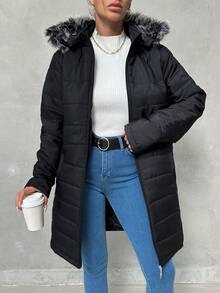 SHEIN Tall معطف شتوي بجيوب مائلة بحجم طويل، قلنسوة بطبقة الفرو، حزام مرن مع إبزيم معدني - الأسود - مشاهدة 6