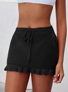 Swim Vcay Váy che phủ đi biển màu trơn mùa hè dành cho nữ có viền xù - màu đen - Xem 3