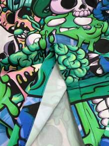 男士卡通印花抽绳腰宽松沙滩短裤，夏威夷风 - 綠色 - 查看 3