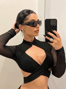 SHEIN ICON 短款立領女上衣，前交叉式設計及透明網紗袖子 - 黑色 - 查看 1