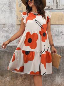 Calvaya Plus Size Casual Floral Printed Ruffle Hem Holiday Style Dress - Multicolor - View 3