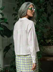 SHEIN LUNE Women's Summer Casual Green French Paris Postmark Print Satin Short Sleeve Shirt - Multicolor - View 2