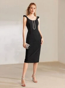 MOTF PREMIUM RHINESTONE DETAIL SPLIT HEM FITTED DRESS - Black - View 8