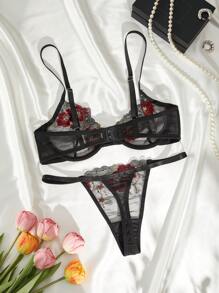 Fantasy-Élégante Ensemble de lingerie 2 pièces pour femmes matures et sexy, soutien-gorge et culotte brodés et à anneaux en acier, avec un design de blocs de couleurs - Multicolore - Voir 2
