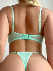 Romantic Embroidery Color-Block Bowknot Decoration Bra And Thong Set With Underwire, Lingerie