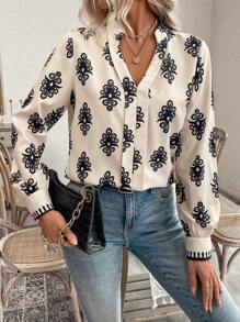 SHEIN Clasi Blusa con estampado total, cuello con escote en pico y mangas farol para mujer, ideal para vacaciones y tiempo libre